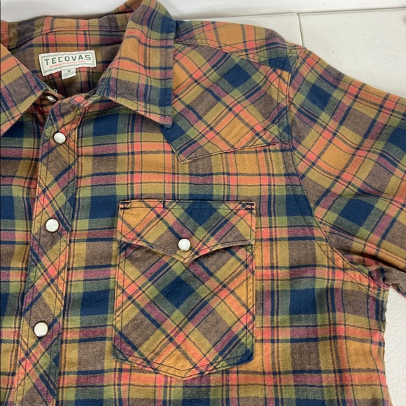 Tecovas Sz M Pearl Snap Long Sleeve Shirt Tan & Blue Cotton Flannel - Picture 4 of 10